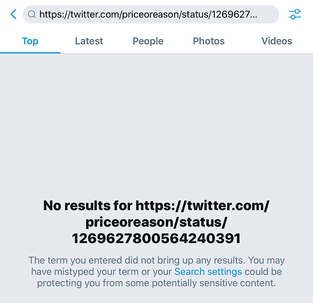 Searching for the Elmer Fudd tweet URL “https://twitter.com/priceoreason/status/1269627800564240391” returns no results or suggestions (Twitter search)