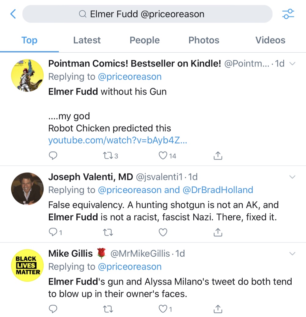 Searching for “Elmer Fudd @priceoreason” only returns replies to the tweet, not the original tweet (Twitter search)