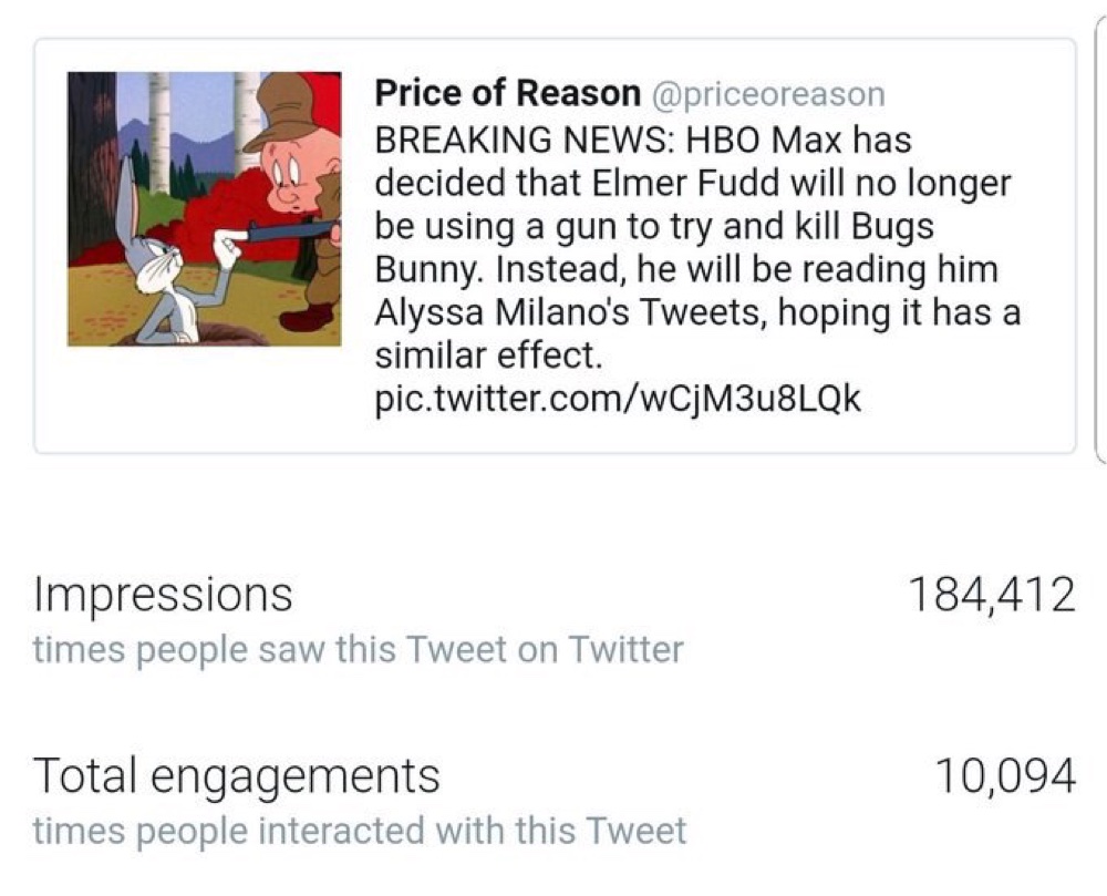 Price of Reason said that during the next four hours, the engagement on the Elmer Fudd tweet slowed down drastically