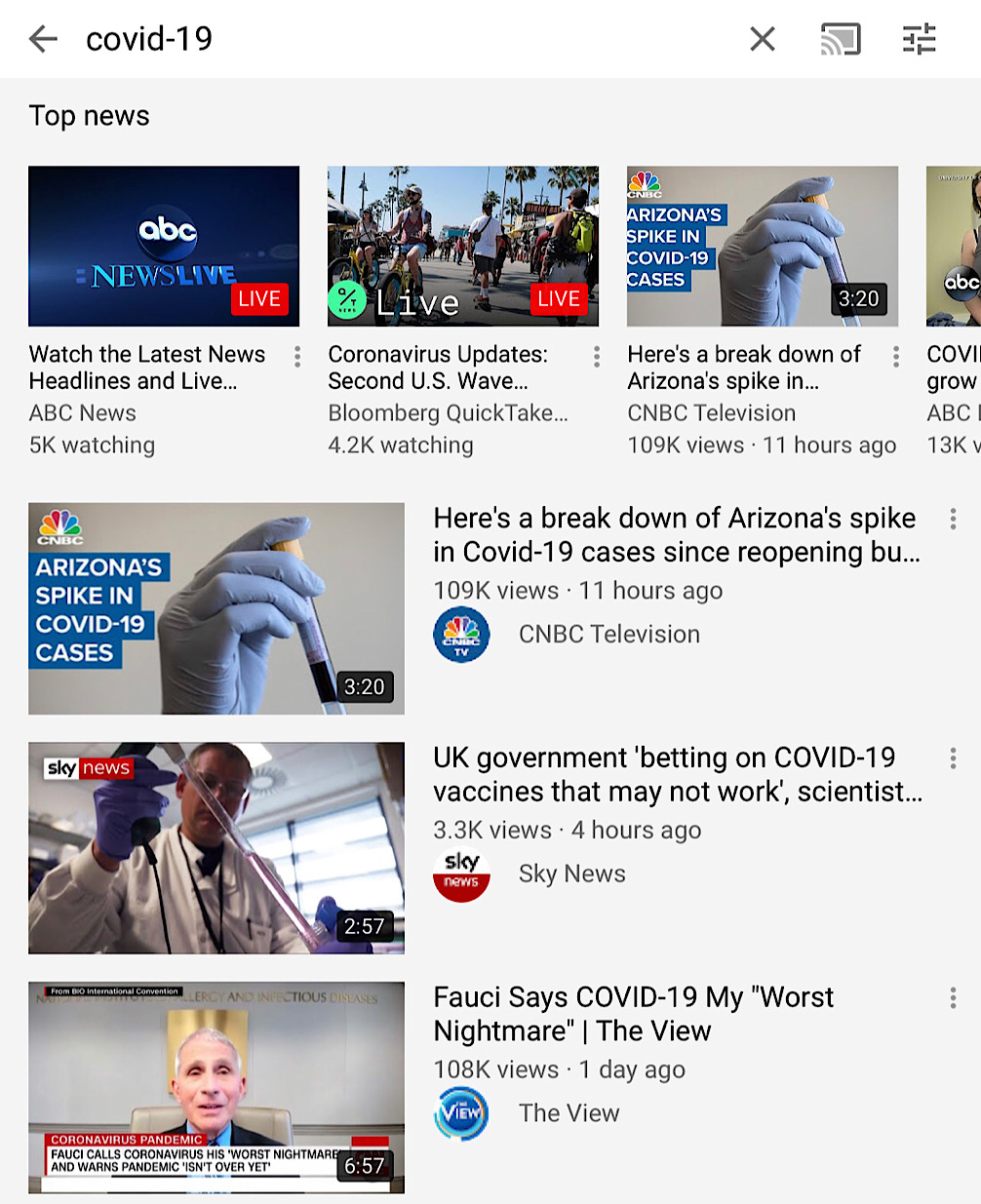 Mainstream media outlets dominate the YouTube search results for coronavirus topics