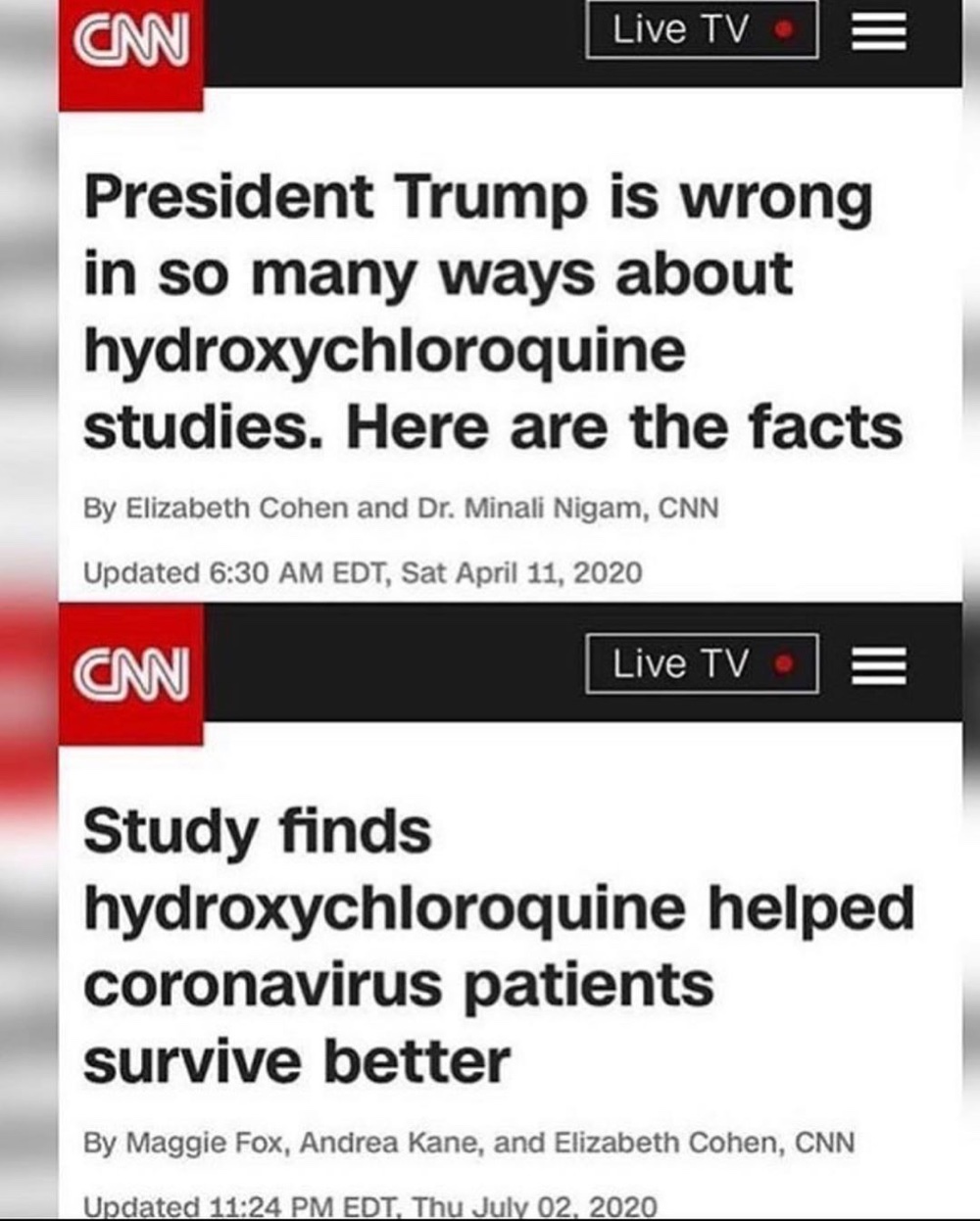 Instagram removed this post comparing two conflicting CNN headlines about the drug hydroxychloroquine (Instagram - @donaldtrumpjr)