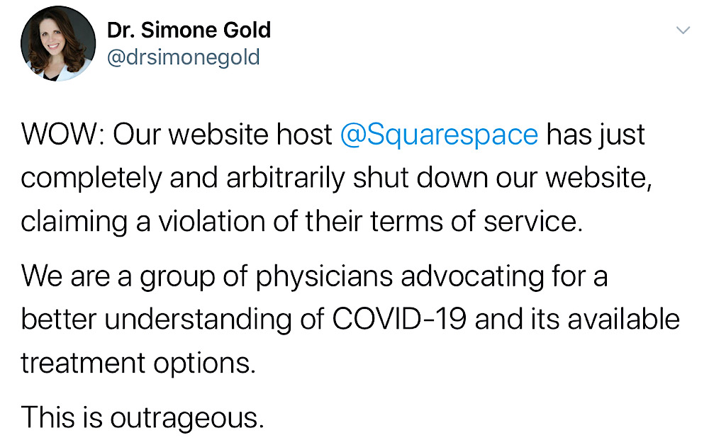 Dr. Simone Gold slammed Squarespace's takedown of the America's Frontline Doctors website (Twitter - @drsimonegold)