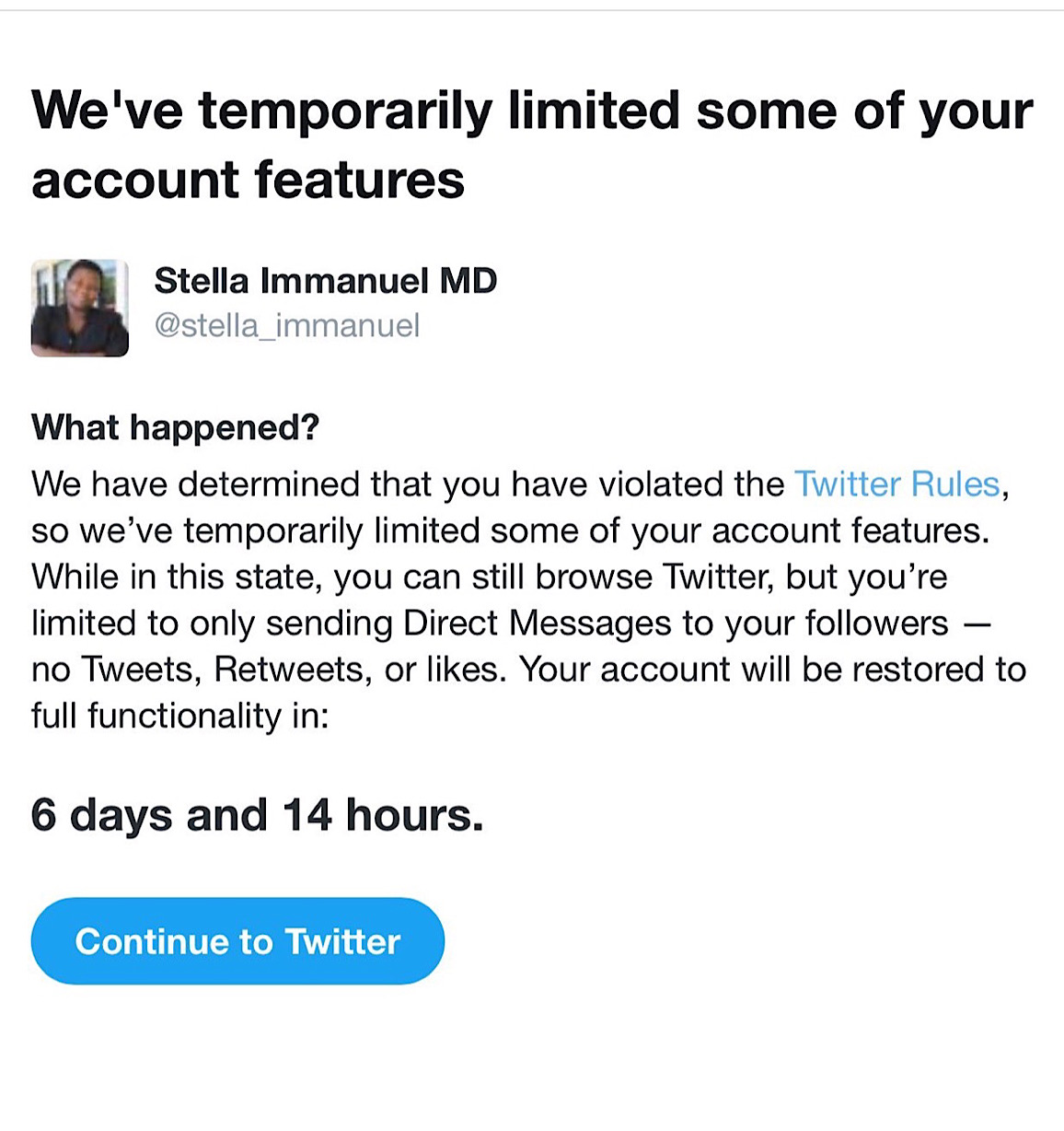 Twitter has locked the account of Dr. Stella Immanuel for six days (Twitter - @ProcterMd)
