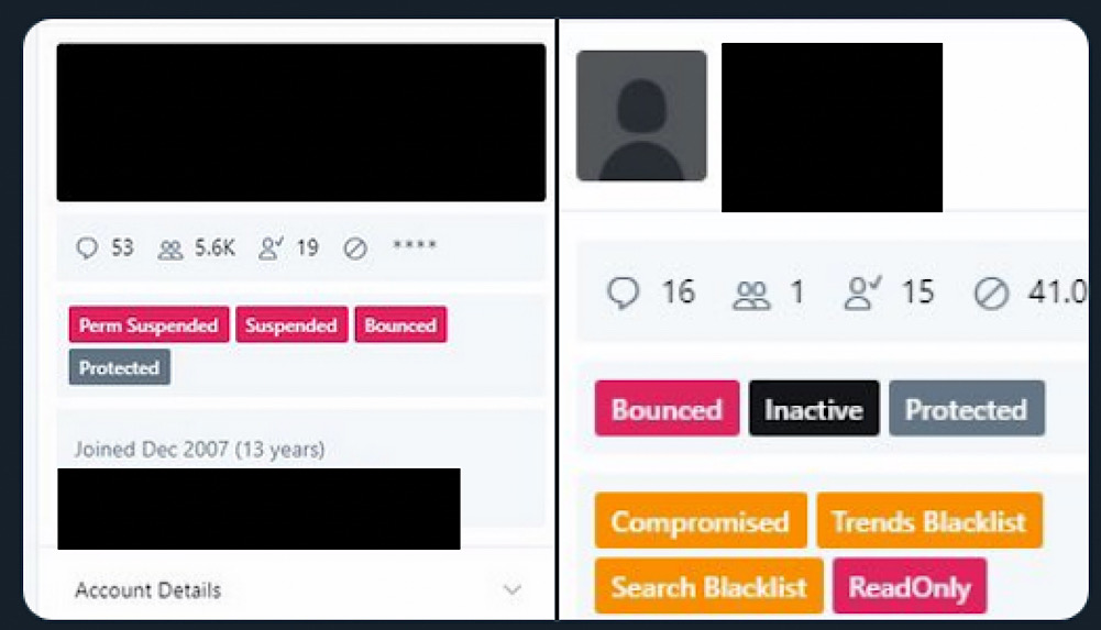 A leaked screenshot that appears to show an internal Twitter user administration tool that can blacklist user accounts from search and trends (Motherboard)