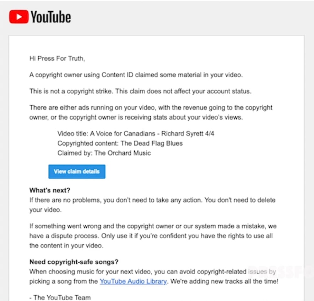 Dan Dicks said the channel's last communication from YouTube was an email about an automated Content ID copyright claim on a 10-year-old video (BitChute - Press For Truth)
