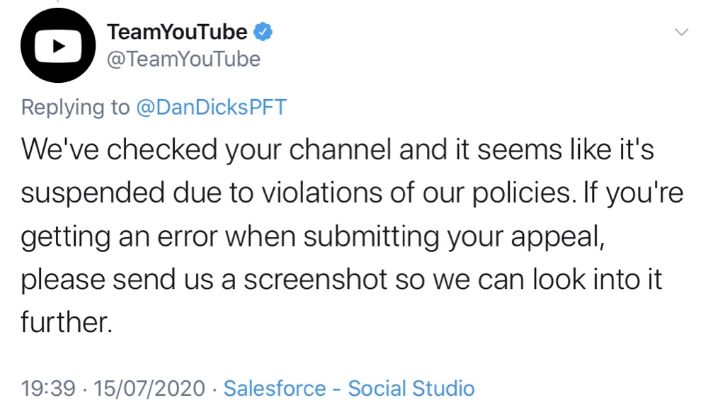 YouTube said Press For Truth had been suspended for policy violations (Twitter - @TeamYouTube)