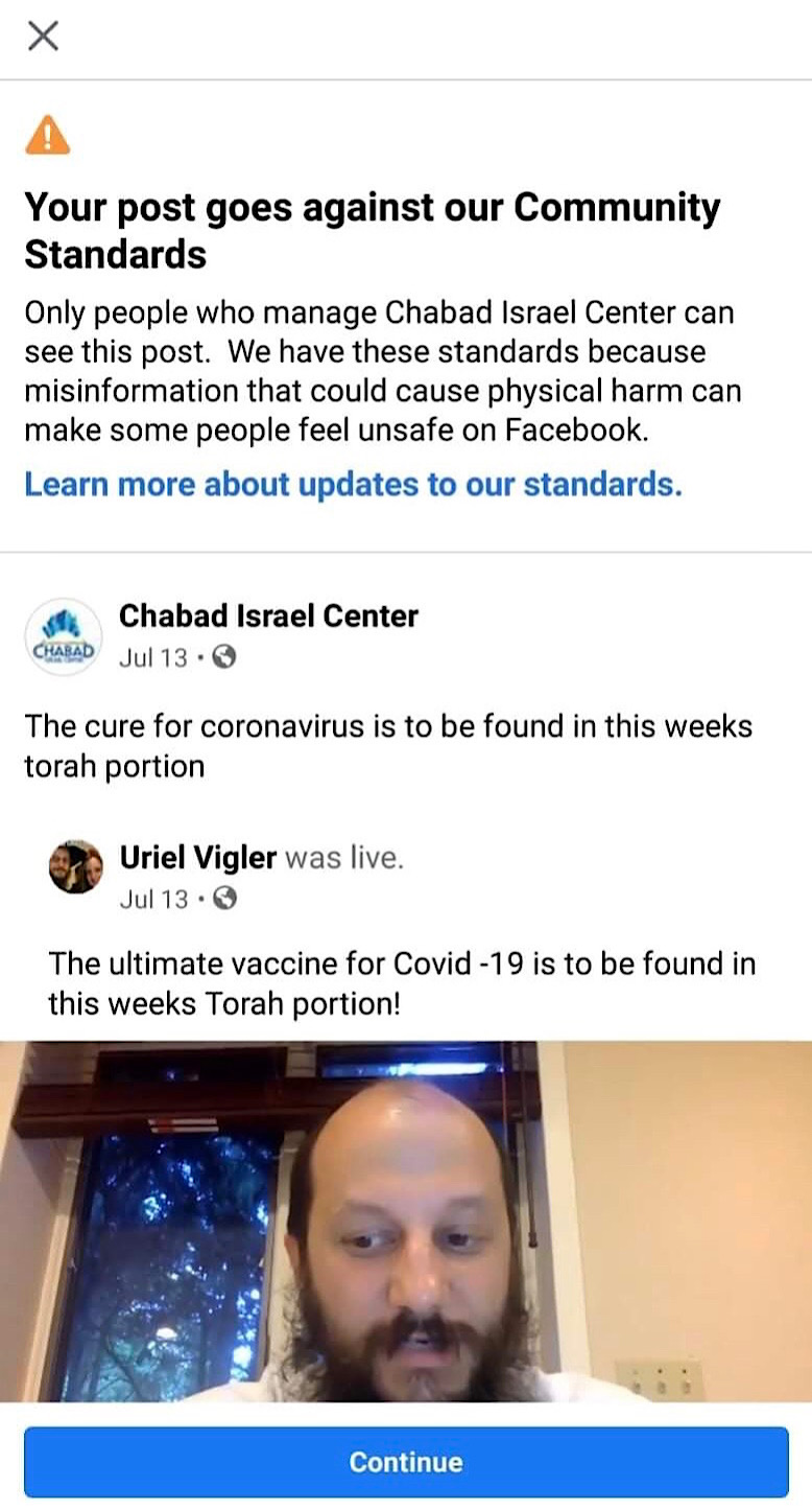 Facebook removed Rabbi Uriel Vigler's Torah reading about the coronavirus (Facebook - Uriel Vigler)