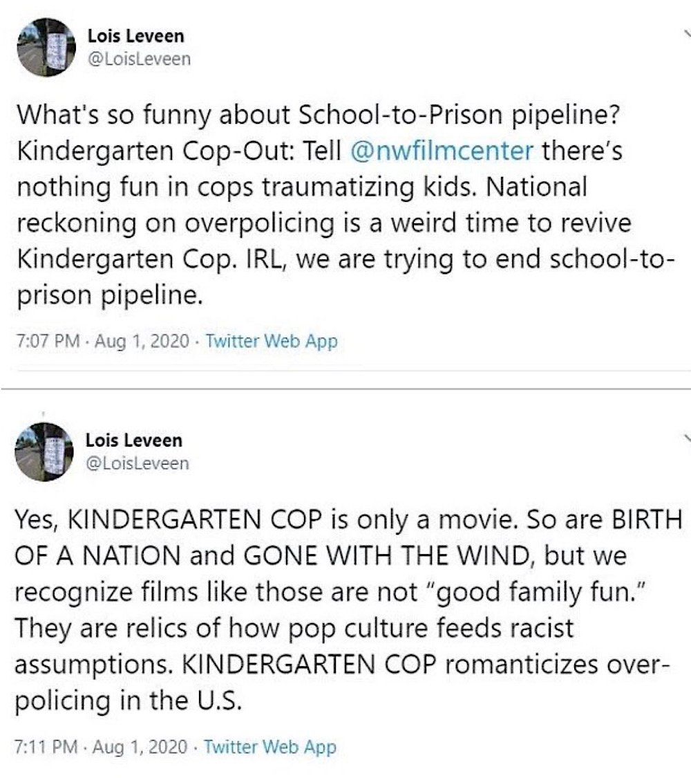 Lois Leveen complained that Kindergarten Cop "romanticizes over-policing in the U.S." (Twitter - @LoisLeveen)