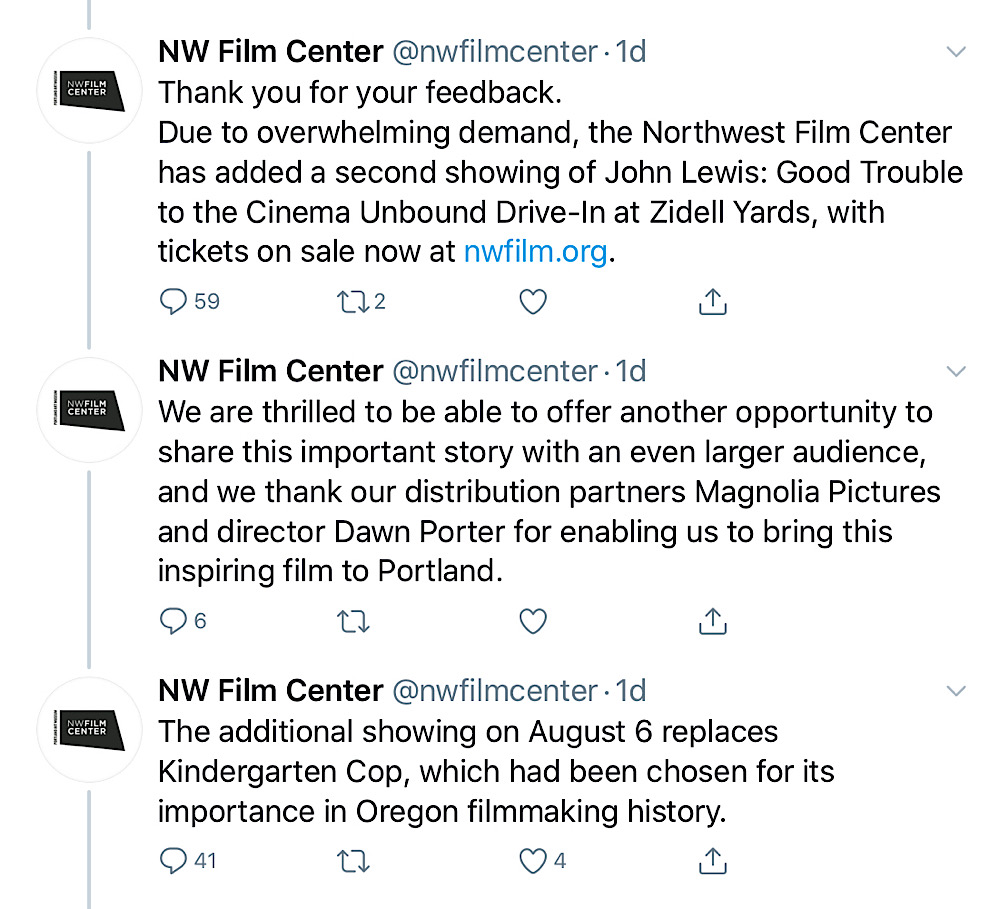 Northwest Film Center thanked Lois Leveen for her feedback and pulled the Kindergarten Cop screening (Twitter - @nwfilmcenter)