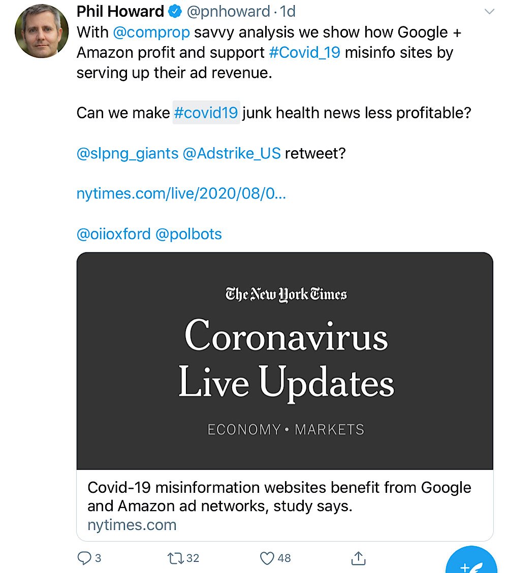 Philip Howard, the director of the Oxford Internet Institute, asked Sleeping Giants to retweet the paper and asked for what he brands as "junk health news" to be made less profitable (@pnhoward)