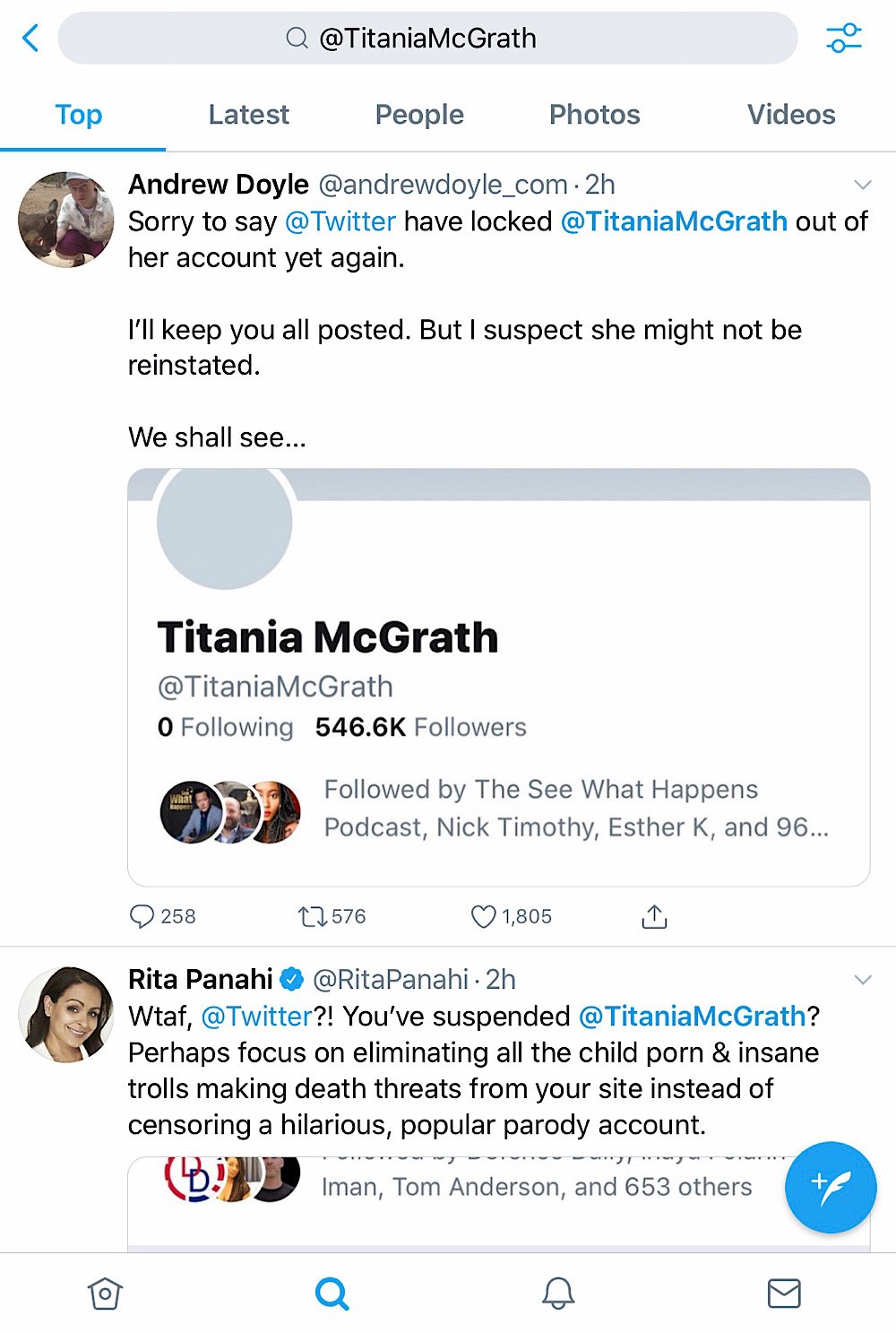 Titania McGrath's account and tweets have been removed from search results for "@TitaniaMcGrath" (Twitter - @TitaniaMcGrath)