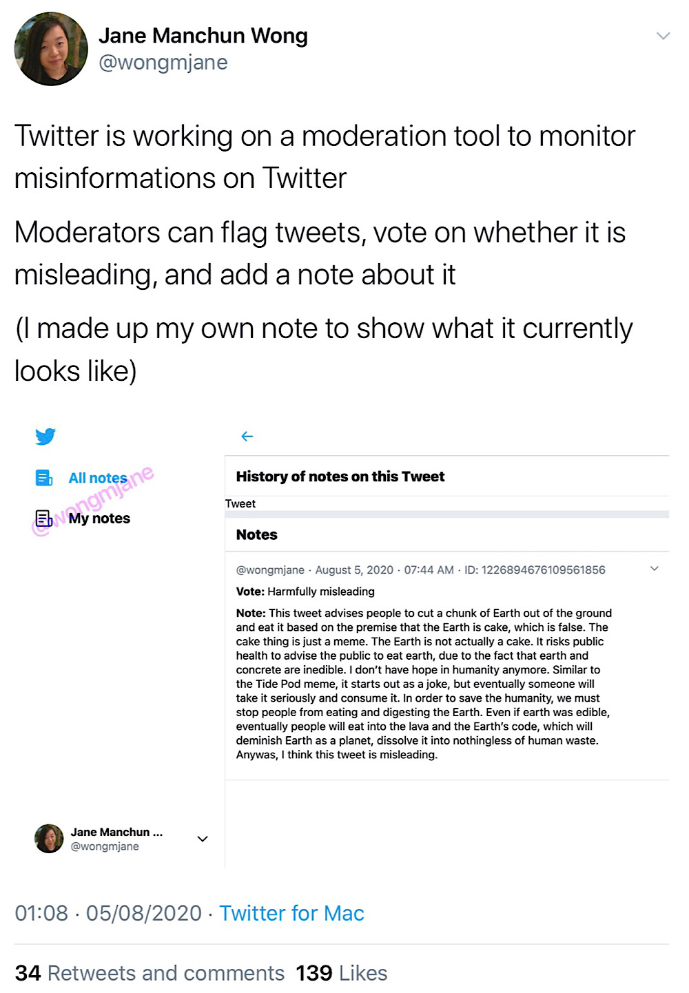 An unreleased Twitter moderation tool shows a panel used by moderators to vote on "harmfully misleading" tweets (@wongmjane)