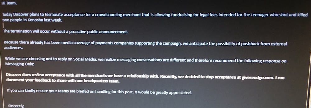 GiveSendGo shared an image of what appears to be an internal Discover email announcing plans to terminate acceptance for GiveSendGo (Imgur)