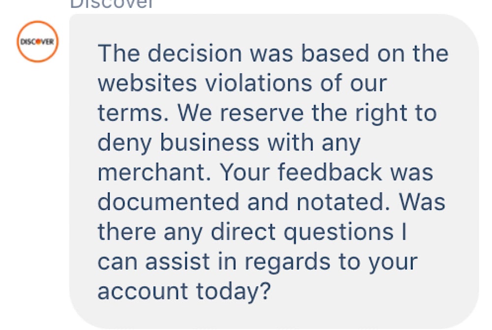 GiveSendGo shared an image of what appears to be a DM from Discover confirming that acceptance for GiveSendGo has been terminated (Imgur)