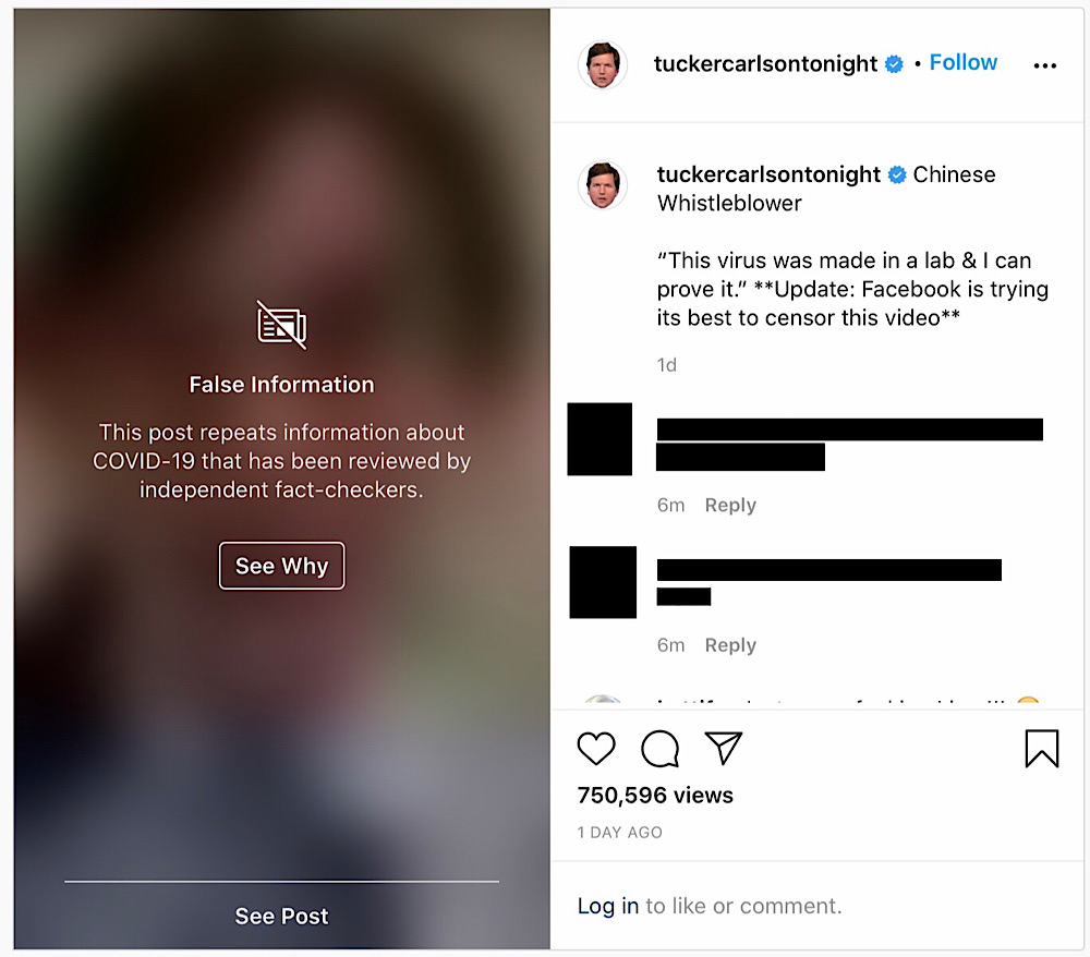 The video clip of Dr. Yan's interview with Tucker Carlson on the Tucker Carlson Tonight Instagram profile has been hidden behind a "False Information" warning label
