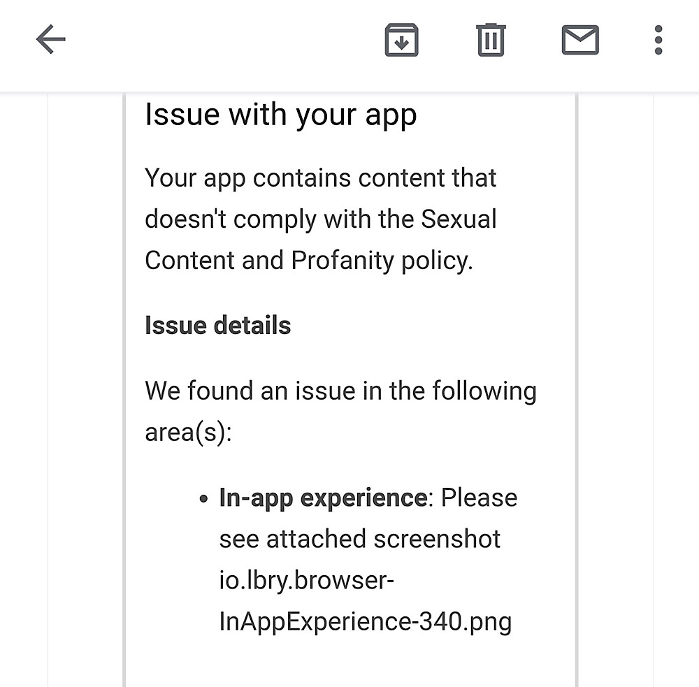 Google Play cited violations of its "Sexual Content and Profanity" policy as its reason for suspending LBRY's Android app (Twitter - @LBRYcom)