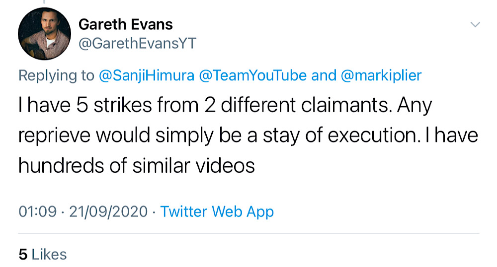 Gareth Evans wrote that his channel has five strikes from two claimants (Twitter - @GarethEvansYT)