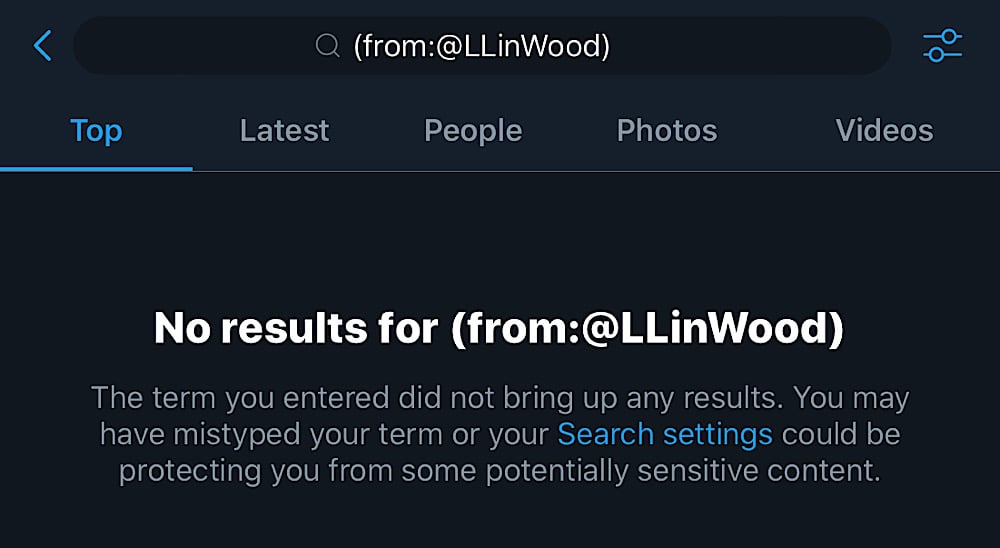 Twitter searches for tweets from "@LLinWood" return no results