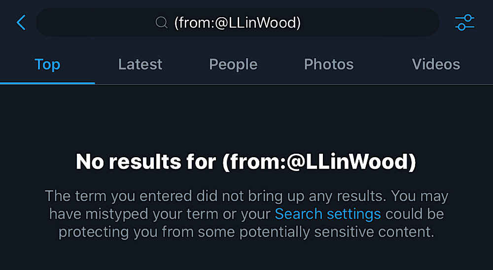 Twitter searches for tweets from "@LLinWood" return no results