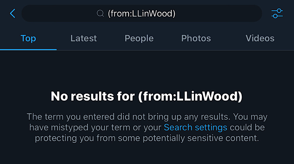 Twitter searches for tweets from "LLinWood" return no results