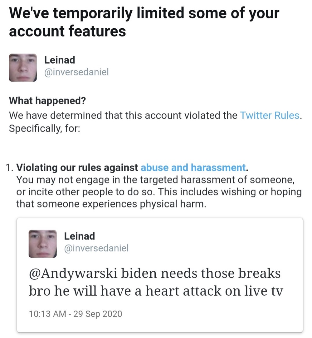 Leinad has been locked out of his account for 12 hours after tweeting about Joe Biden's health (@JohnSwanYT)