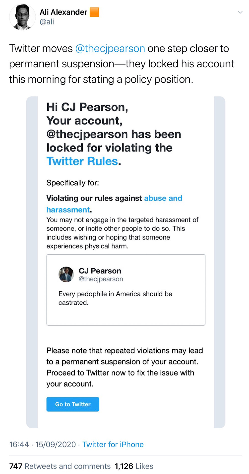 Twitter locked the account of CJ Pearson for tweeting "Every pedophile in America should be castrated" (Twitter - @ali)