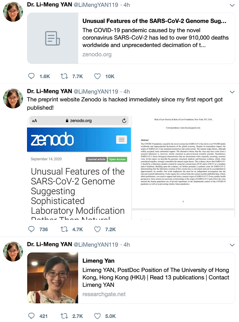 Dr. Li-Meng Yan tweeted out information about her paper and research before she was suspended (Archive.today - Twitter - @LiMengYAN119)