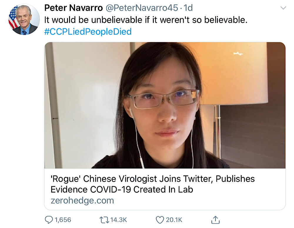 Dr. Li-Meng Yan retweeted Peter Navarro's statement that her claims would be 