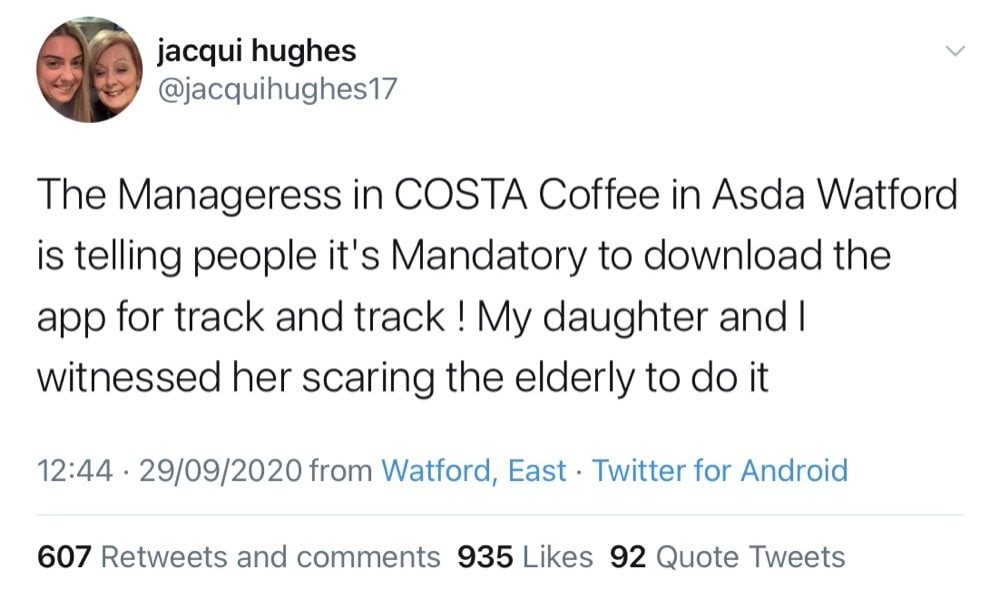 Jacqui Hughes tweeted that her local Costa Coffee branch is telling people it's mandatory to download the UK contact tracing app (@jacquihughes17)