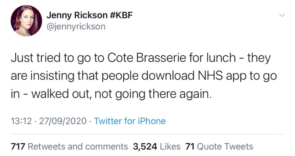 Jenny Rickson tweeted that Cote Brasserie is insisting customers download the UK's contact tracing app (@jennyrickson)