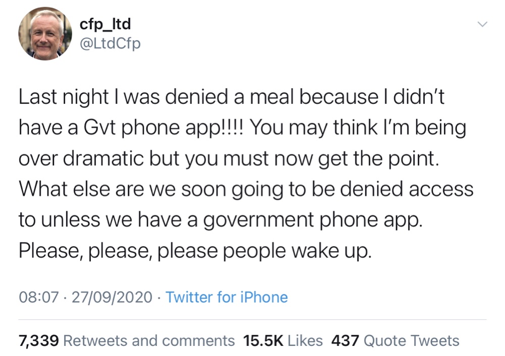 cfp_ltd tweeted that he was denied a meal because he didn't have the UK's contact tracing app (@cfp_ltd)