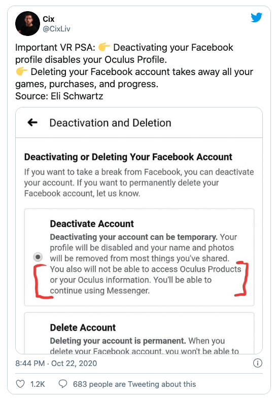 Deleting Facebook accounts also delete Oculus purchases