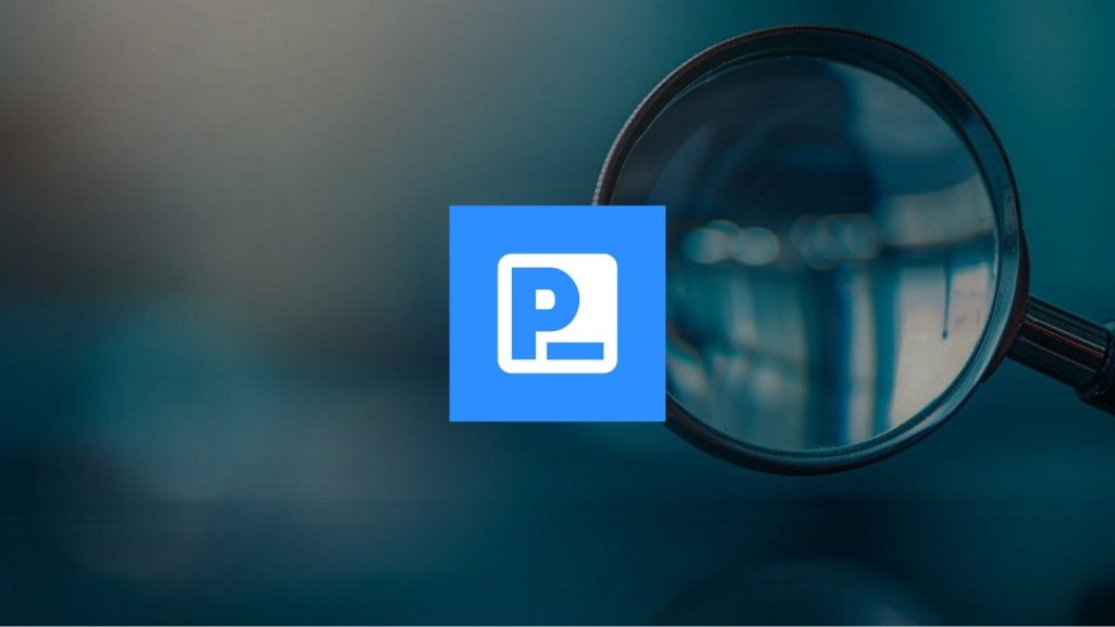 Blue square logo with a white letter "P" on a blurred background featuring a magnifying glass.