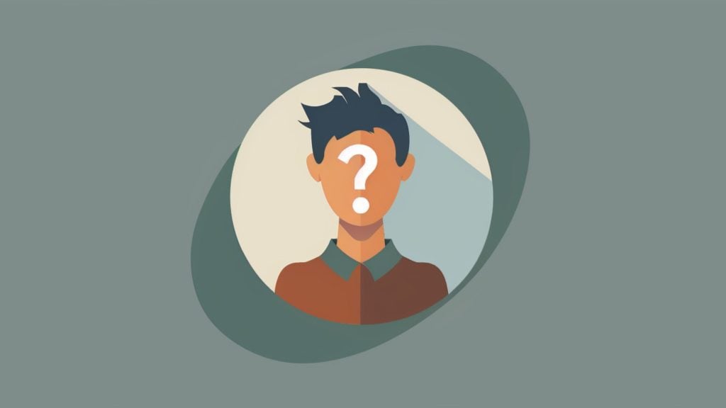 Stylized person avatar with dark hair and a white question mark over the face, shown inside a circular frame with a diagonal shadow on a muted teal background.