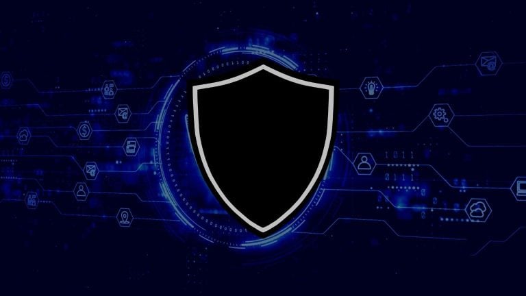 Black shield icon in front of a glowing blue digital network background.