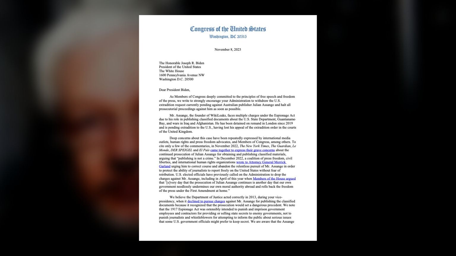 Bipartisan Letter Calls on Biden To Drop Charges Against Julian Assange