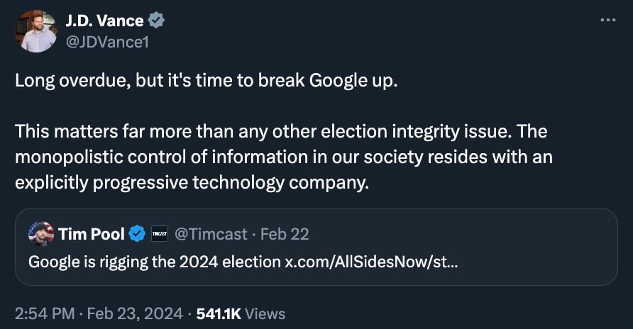 JD Vance Calls for Breaking up Google