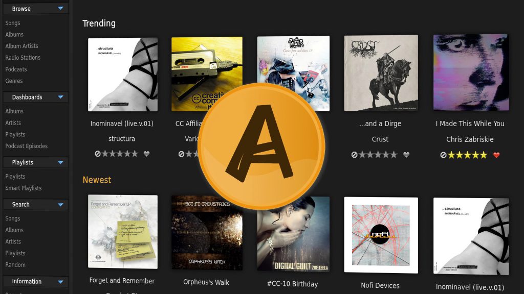 Music player interface showing album artwork and titles for trending and newest music with a large yellow "A" icon in the center.