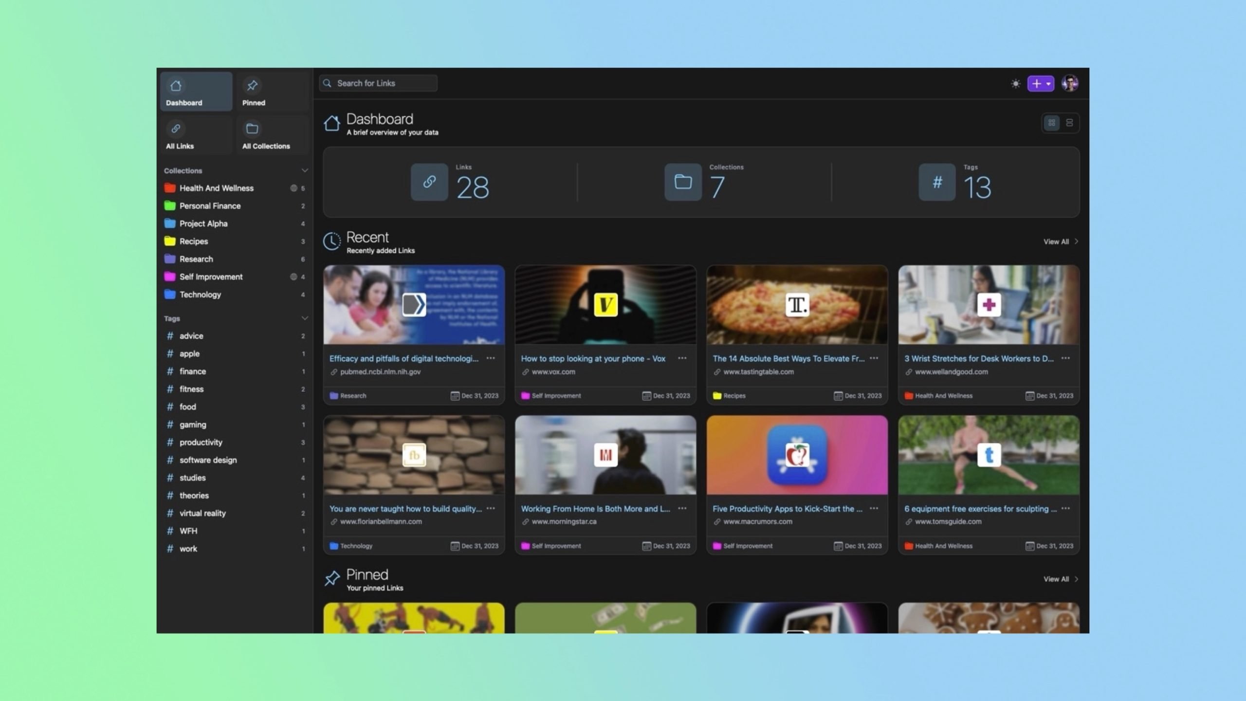 Screenshot of a digital dashboard displaying categories like Health and Wellness, Personal Finance, Project Alpha, and others. The interface shows recent links, tags, and collections on the left sidebar, with the main area featuring articles and pinned links.