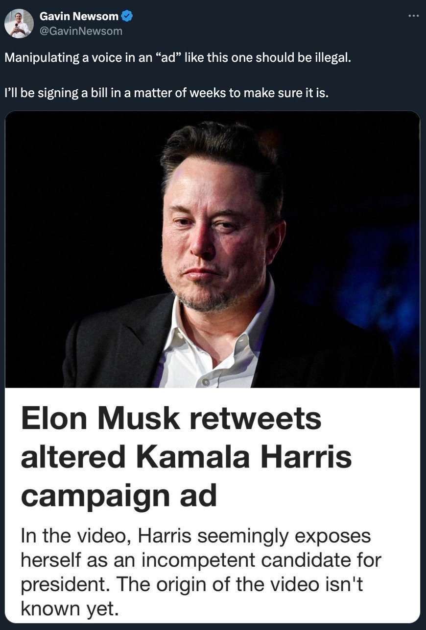 Screenshot of a tweet by Gavin Newsom with a news headline about Elon Musk retweeting an altered Kamala Harris campaign ad.