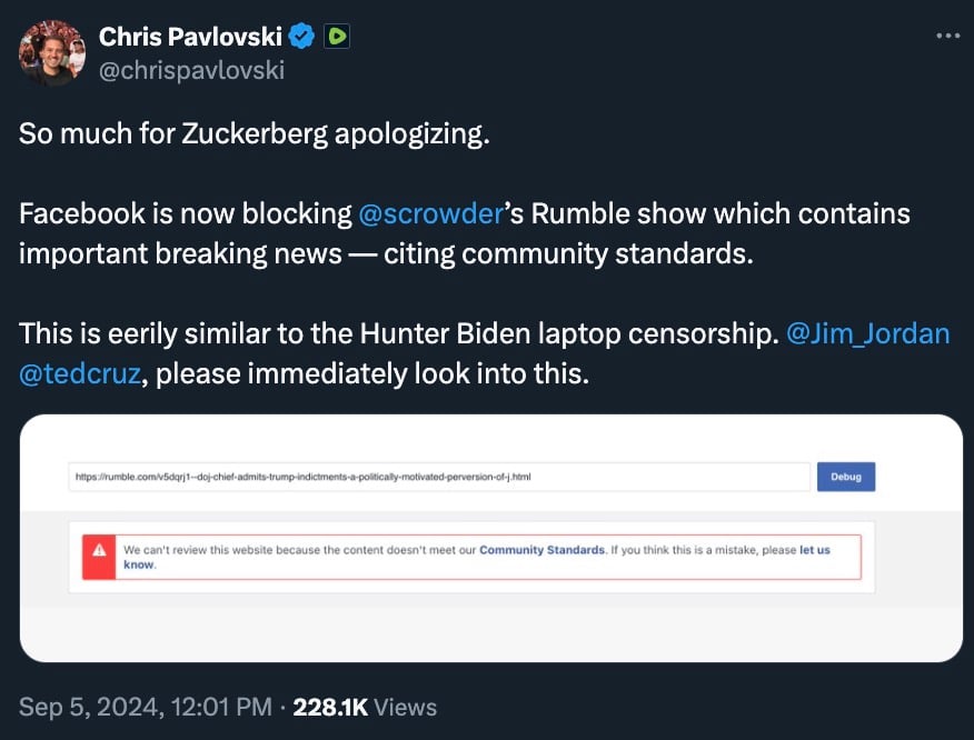 Chris Pavlovski tweet about Facebook blocking a Rumble show citing community standards, comparing it to Hunter Biden laptop censorship, and mentioning Jim Jordan and Ted Cruz. Includes a screenshot of a warning message.