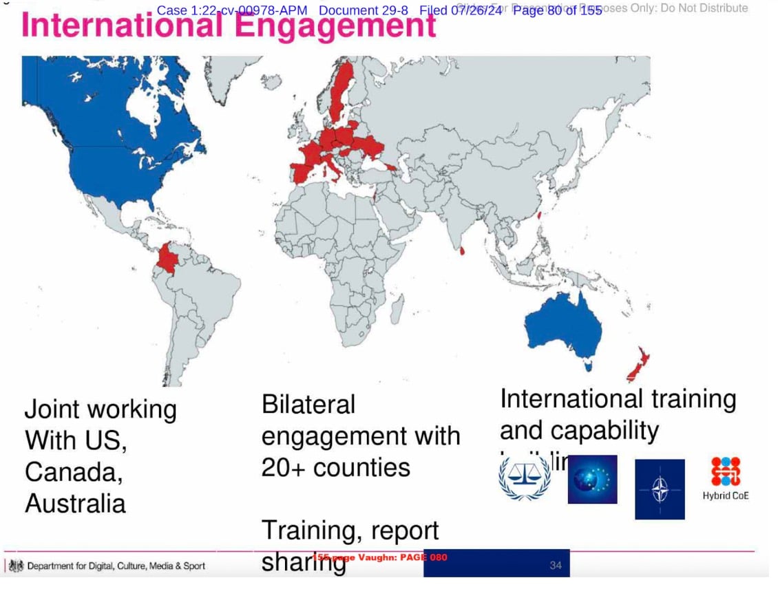 International Engagement map with highlighted countries in blue and red. Text includes: "Joint working With US, Canada, Australia," "Bilateral engagement with 20+ countries," and "International training and capability." Logos at the bottom right.