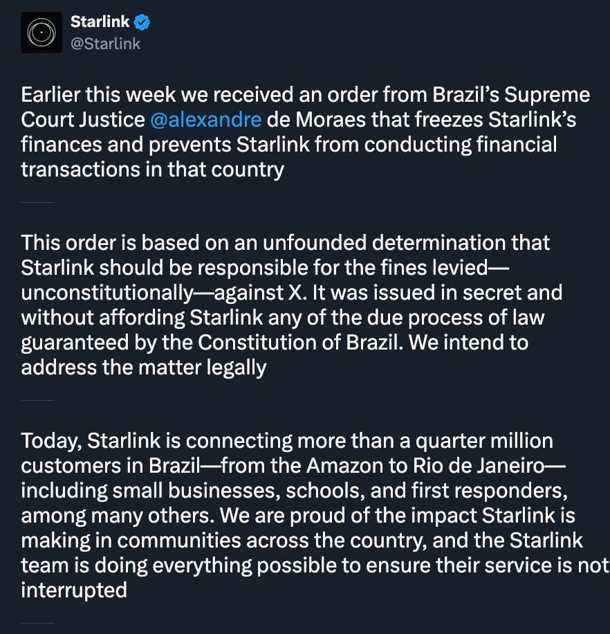 Starlink's tweet announcing that Brazil's Supreme Court has frozen its finances and stating that the order is based on an unfounded determination, while affirming their commitment to serving Brazilian customers.