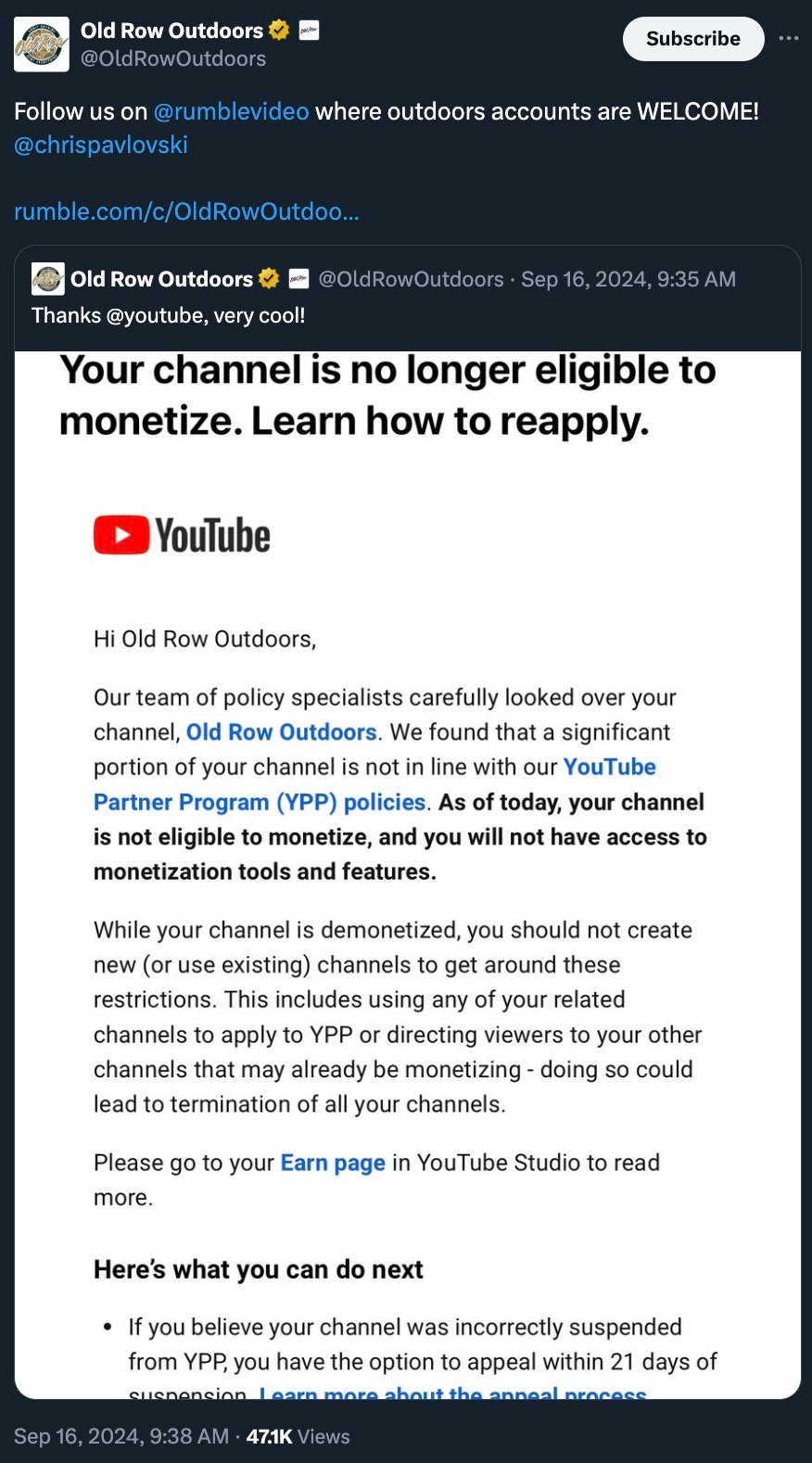 Screenshot of Old Row Outdoors' post featuring a message from YouTube about their channel's ineligibility for monetization, instructing them how to reapply and follow proper procedures.