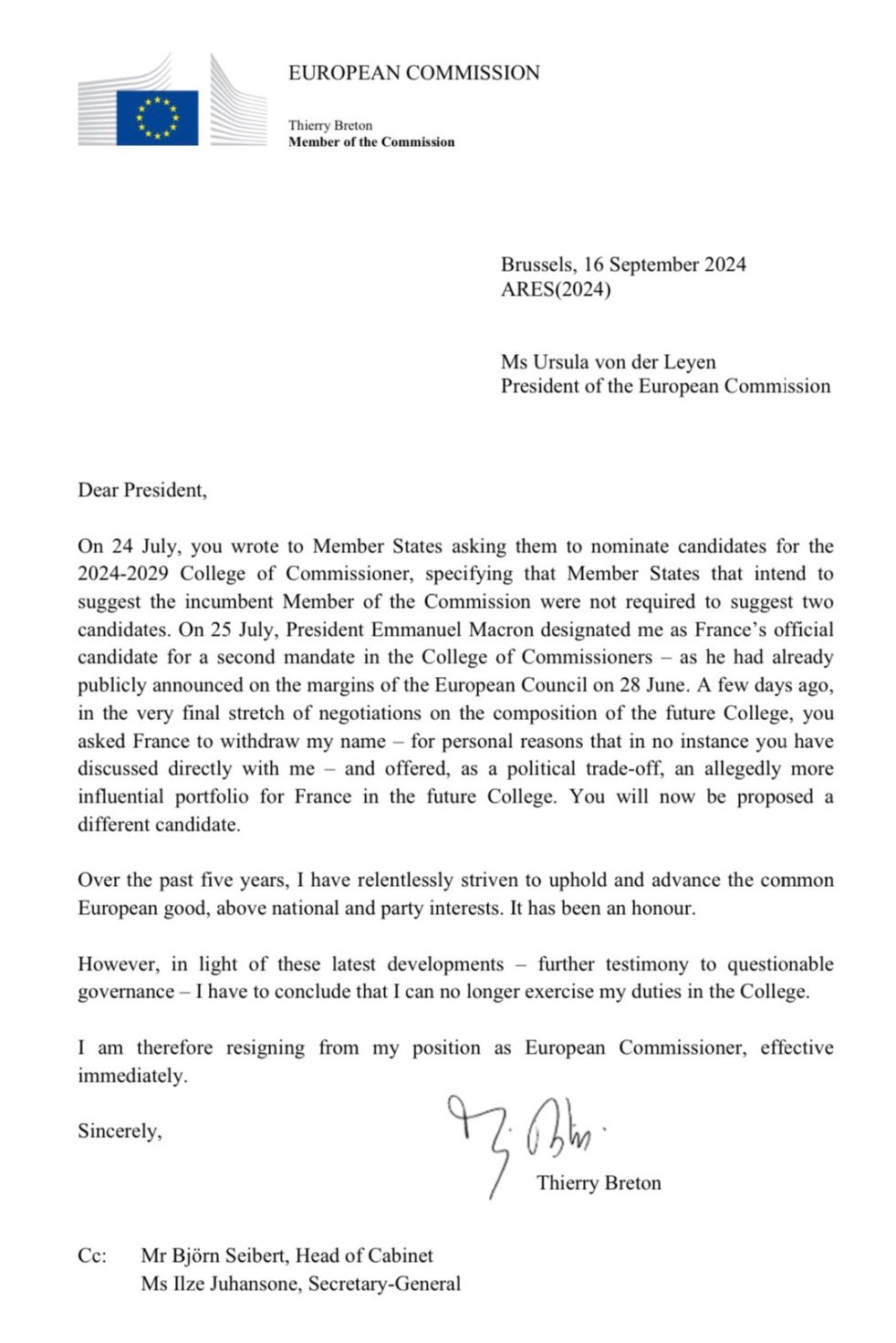 Letter from Thierry Breton, Member of the European Commission, dated 16 September 2024, addressed to Ms Ursula von der Leyen, President of the European Commission, announcing his resignation as European Commissioner effective immediately.