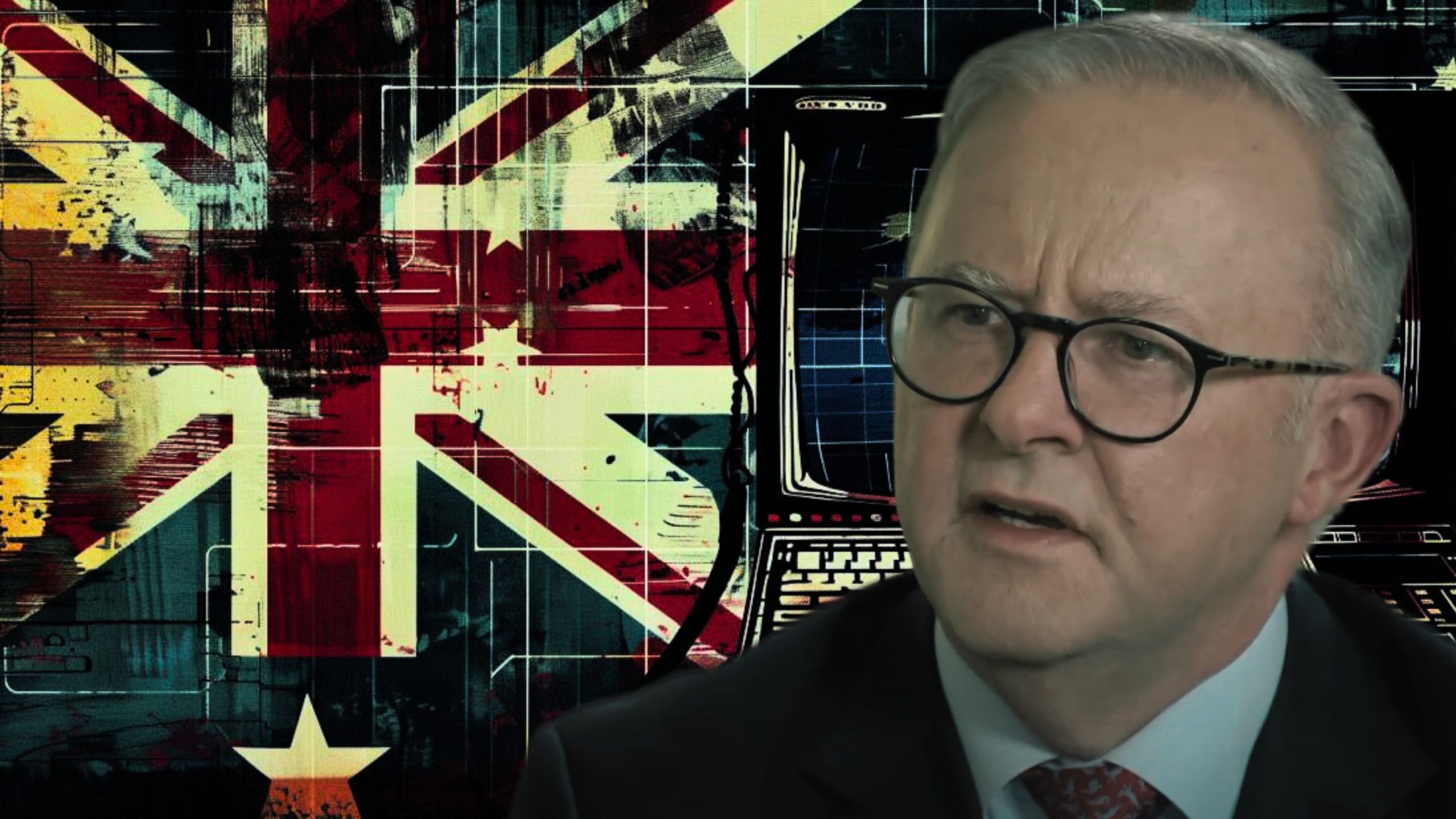 Australia's Prime Minister Anthony Albanese wearing glasses and a suit is pictured in the foreground with a distressed Australian flag and computer screens in the background.