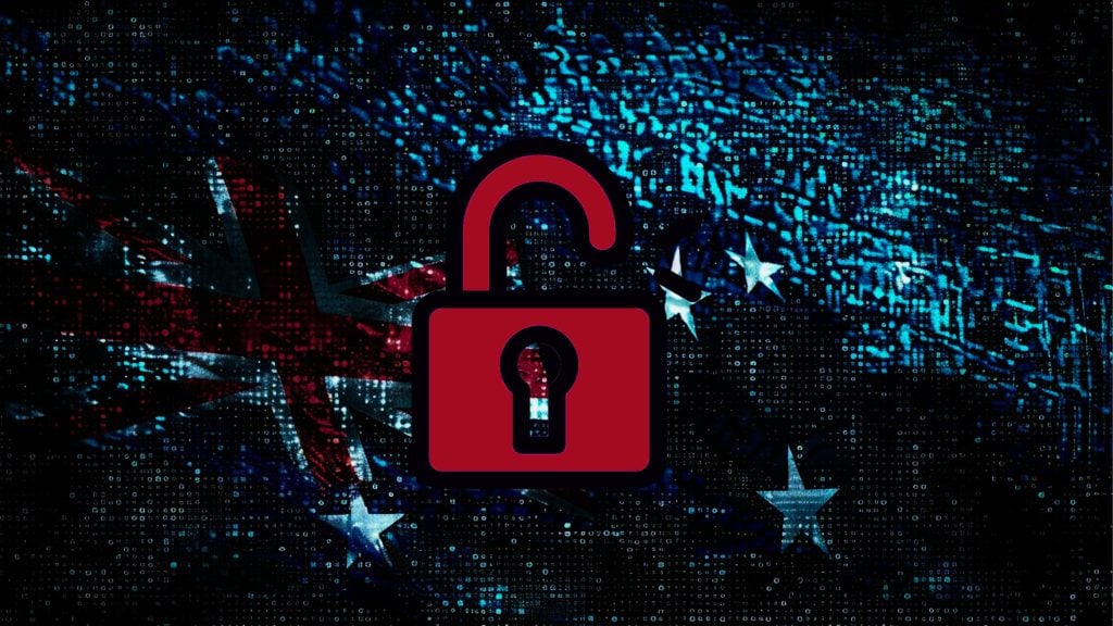 Red unlocked padlock icon overlaying a digital binary code background with a partially visible flag.