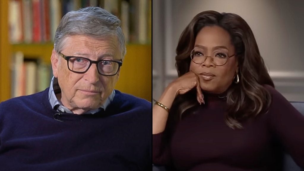 A split-screen image showing Bill Gates with glasses and gray hair on the left and Oprah Winfrey with glasses and long hair on the right.