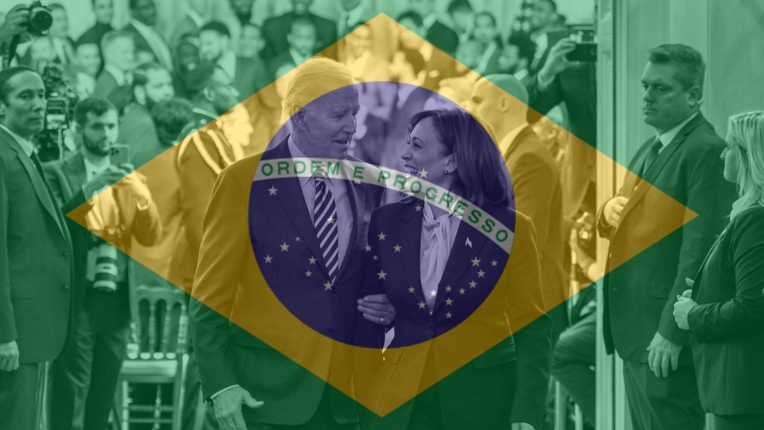 Joe Biden and Kamala Harris in formal attire smiling at each other, with the Brazilian flag overlayed on the image; a crowd is in the background.