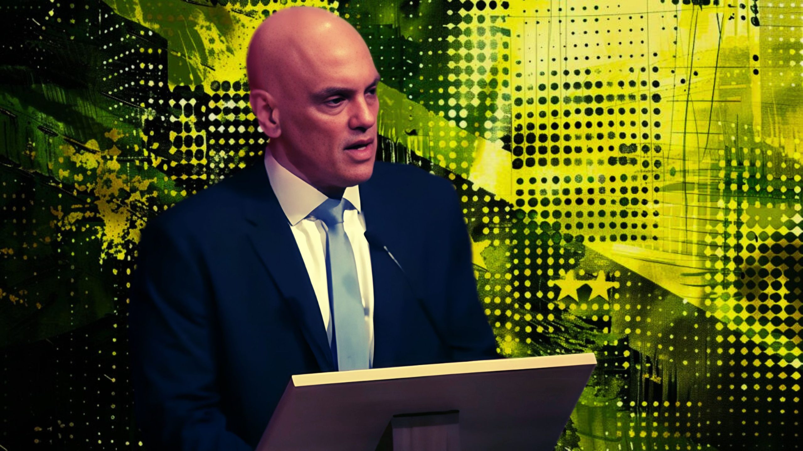 Brazilian Supreme Court Justice Alexandre De Moraes in a suit and tie speaking at a podium with an abstract, digitally-styled background in green and yellow tones.